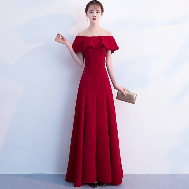 Elegant Wine Red Evening Dresses Long Ruffles Off The Shoulder A-line Floor-Length Simple Formal Evening Gowns For Women