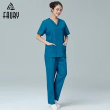 Женская и мужская медицинская Униформа форма медсестры наборы одежды больница короткий рукав Vcollar пальто медицинская одежда щетка ручная одежда