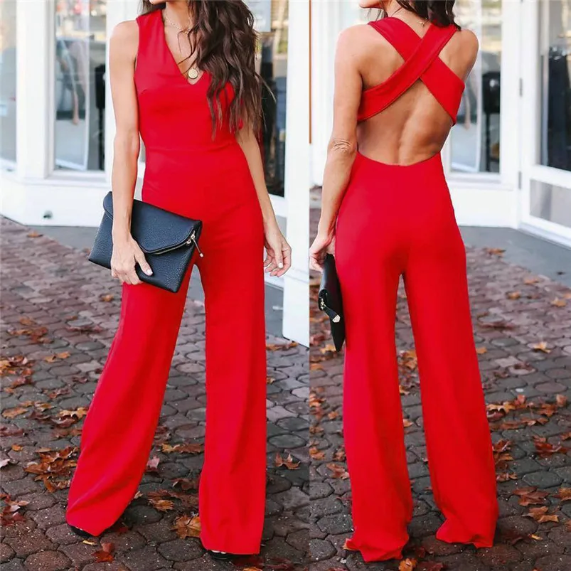 Summer Sleeveless elegant jumpsuit Womens V-Neck Solid Backless Long Playsuit Ladies Sexy loose Jumpsuit Red Clothes R04 (5)