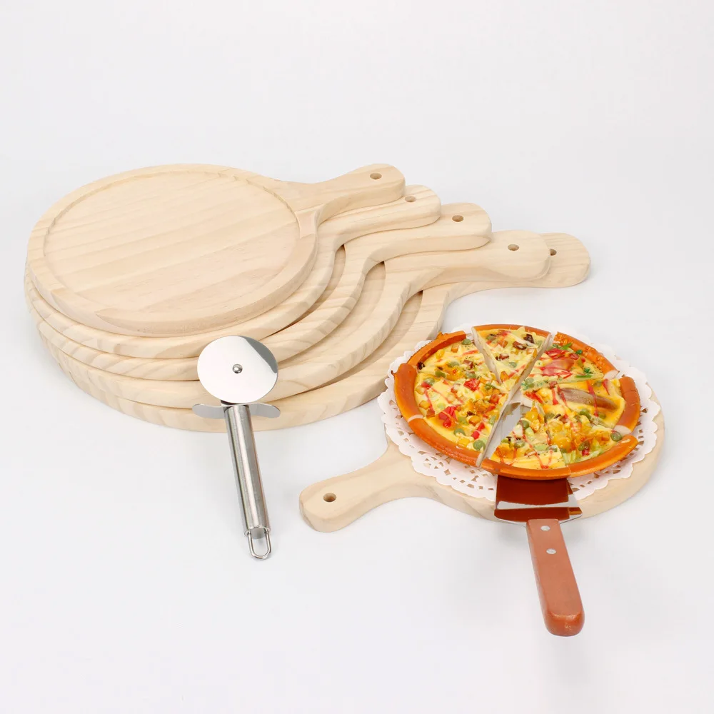 

Ibaking Pine Wood Pizza Serving Plate Round Unpainted Pizza Stones Pan Custom Logo Cake Bread Baking Tray Pizza Cutter Bakeware