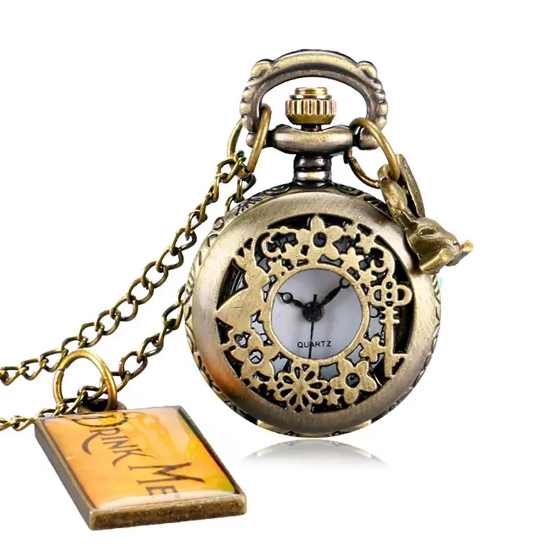Alice in Wonderland Mad Hatter Rabbit Drink Me Tag Quartz Pocket Watch Dark Brown Glass Necklace Pendant Gifts for Women Girls 2019 2020 2021 2022 (4)