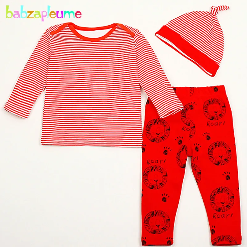 3 шт./0-18months/Демисезонный Детская Одежда для новорожденных мальчиков и девочек милый Розовый и красный цвет футболка штаны в полоску+ Шапки комплект одежды для новорожденных bc1347