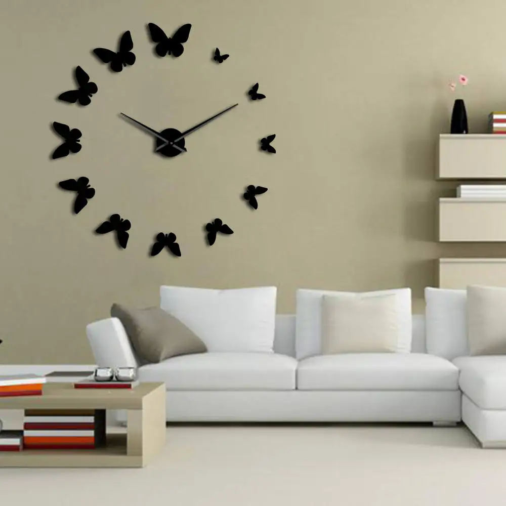 

1Piece DIY 3D Butterfly Family Giant Wall Clock Mirror Large Numer Wall Clock Sticker Animal Frameless Huge Modern Watch Decor