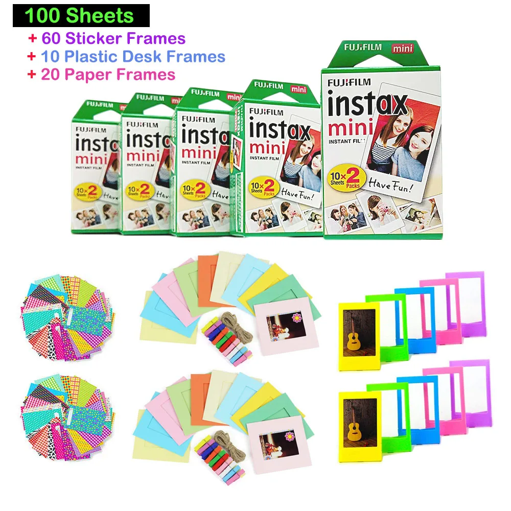 

Fujifilm Instax Mini Instant Film (5 Twin Packs, 100 Total Pictures)+60 Sticker Frames+10 Plastic Desk Frames+20 Paper Frames