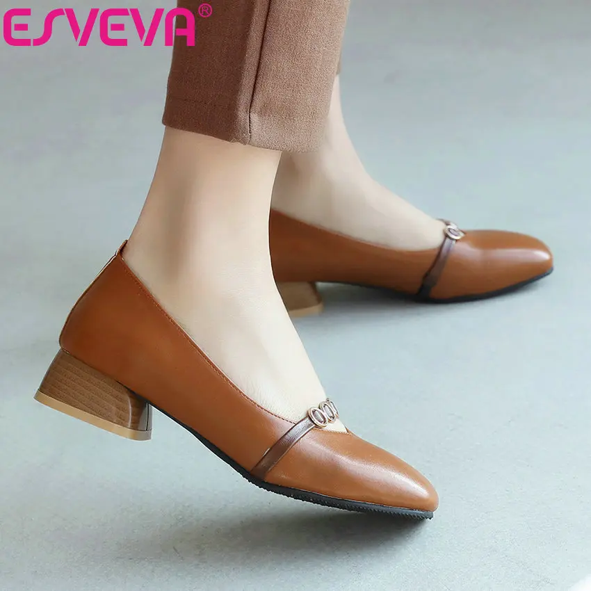 

ESVEVA 2019 Women Pumps Shoes Basic Med Heels Elegant Square Heels Mary Janes Spring Sandals Shoes Women Square Toe Size 34-43