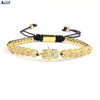 

Ailatu Luxury Clear CZ Hamsa Braiding Bracelet Wholesale 6mm Cz Ball Beads Stainless Steel Jewelry Top Quality