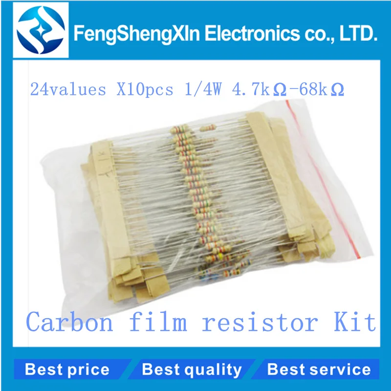24Values*10pcs=240pcs 1/4w (0.25w) 5% Carbon Film Resistors Kit (4.7kR-68kR) Resistor | Электронные компоненты и