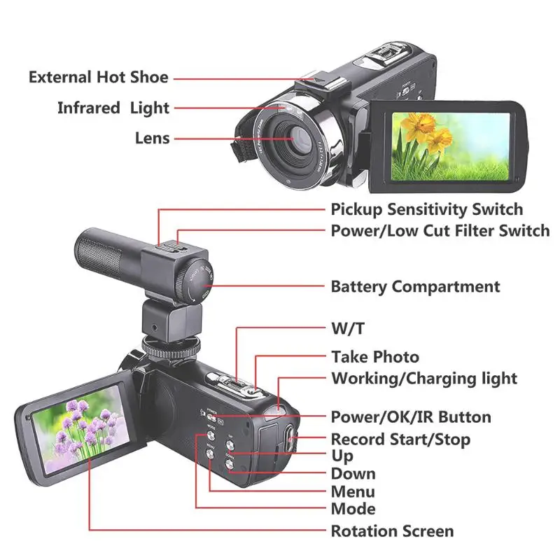 1080P Full HD видеокамера с дистанционным управлением инфракрасная камера ночного видения 24MP 16X цифровой зум видеокамера с микрофоном с сенсорным экраном