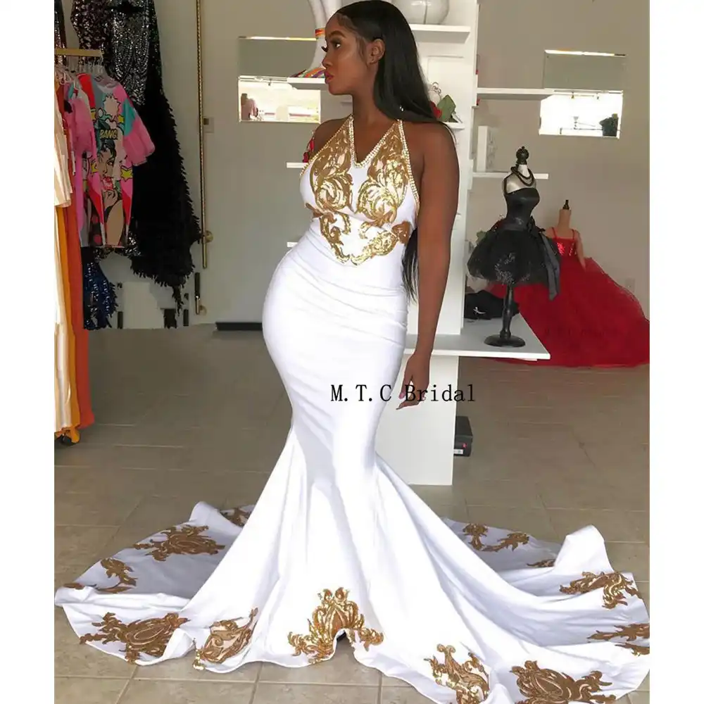 white and gold prom dresses 2019