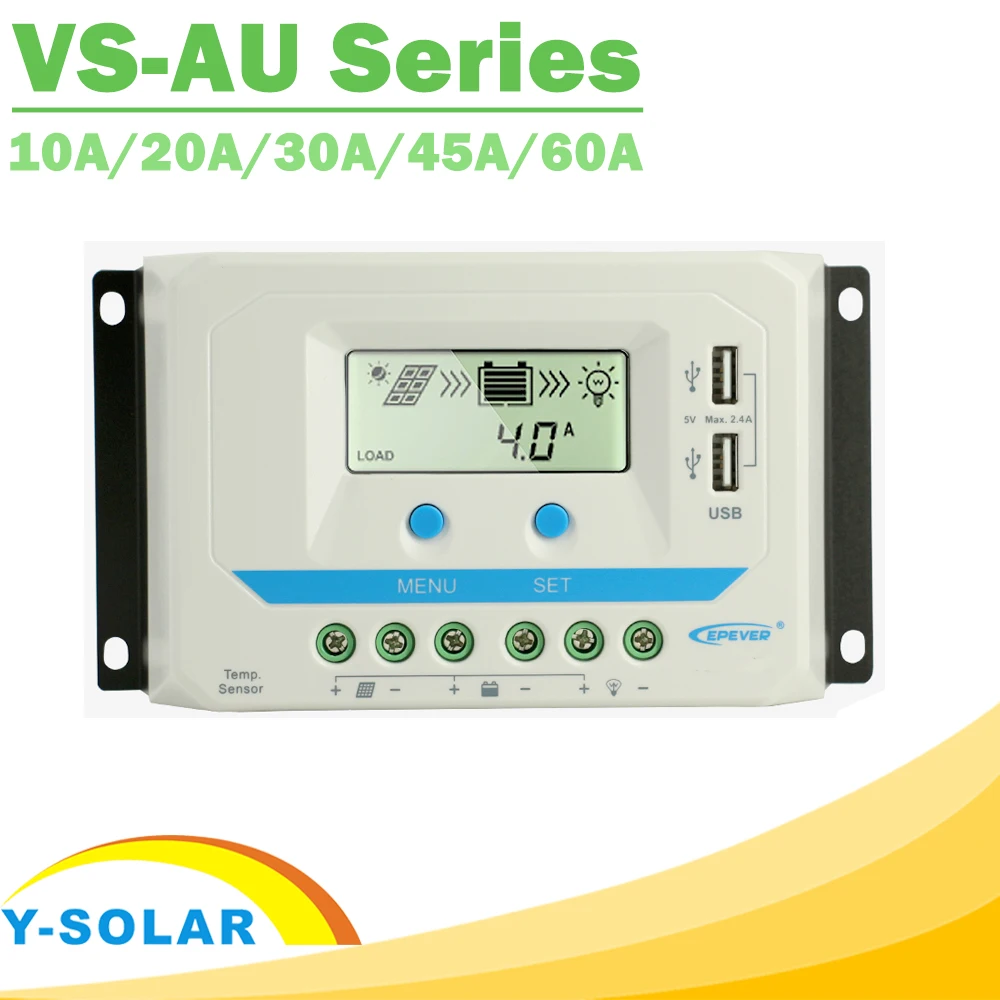 EPever ШИМ 10A/20A/30A/45A/60A Солнечный контроллер заряда VS-AU серии Подсветка ЖК-дисплей двойной USB PV зарядное устройство регулятор для солнечного дома