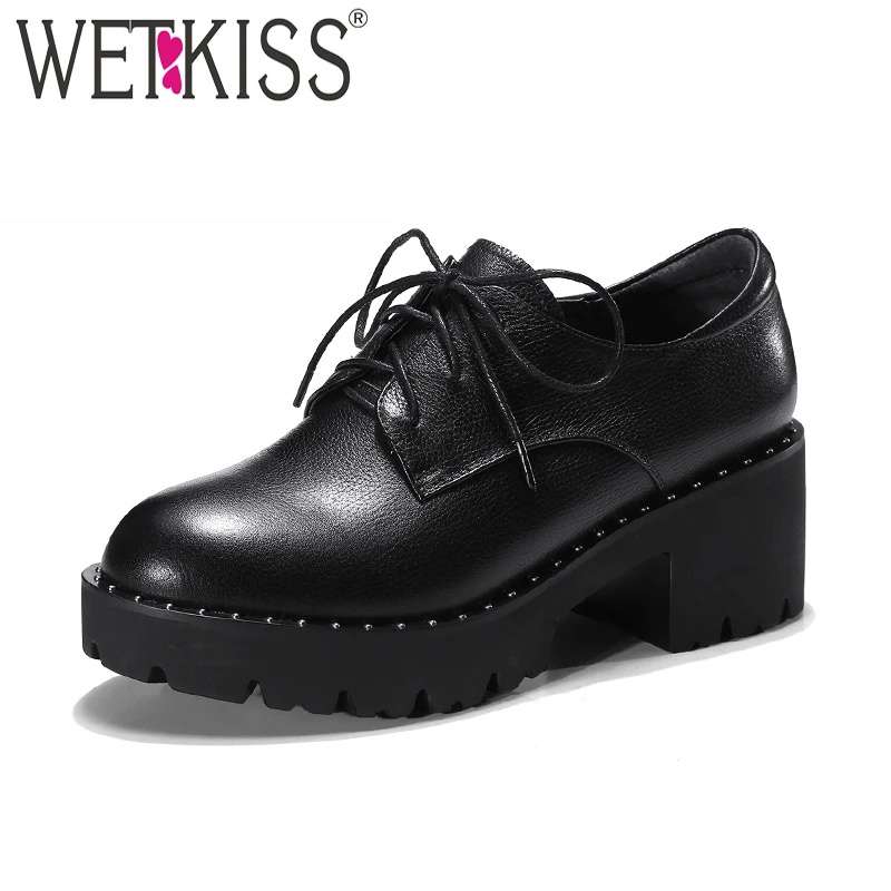 

WETKISS High Heels Women Pumps Genuine Leather Square Heel Round Toe Footwear New Rivet Lace Up Platform Spring Ladies Shoes