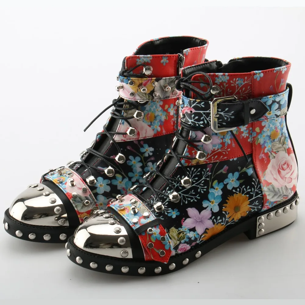 

Autumn Winter Fashion Mixed Color Flower Print Round Toe Metal Rivets Ankle Boots For Women Lace Up Motorcycle Booties Shoe