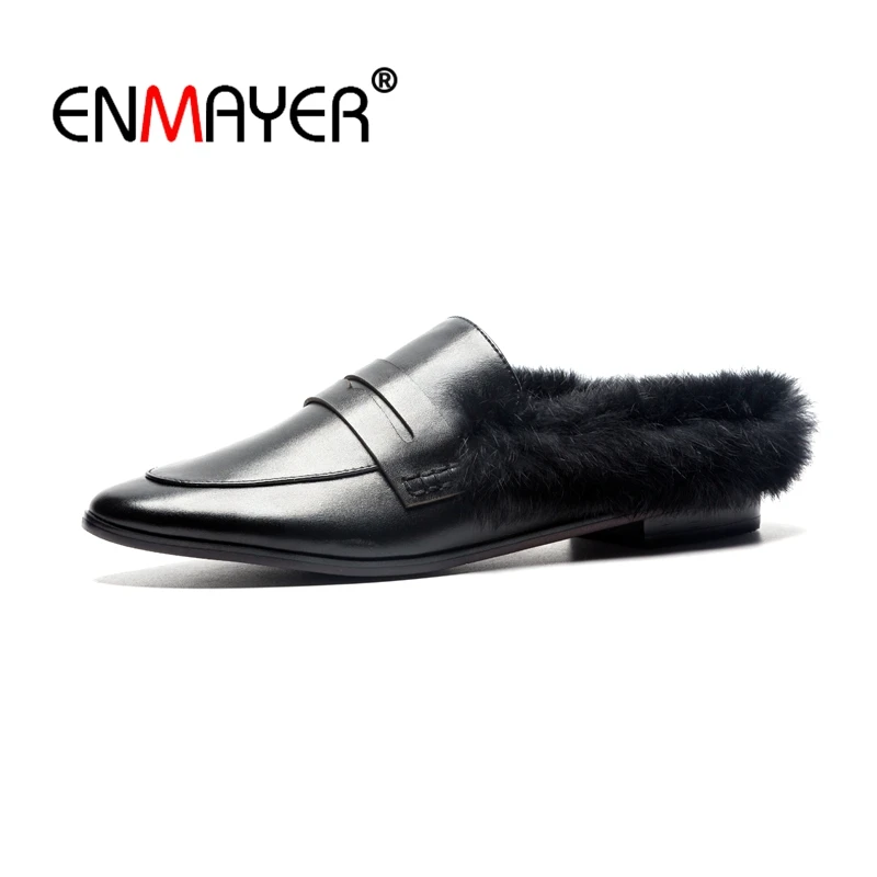 

ENMAYER Woman Flats Shoes Round Toe Low Heels Black Real Leather Women Shoes Size 33-40 Spring Autumn Fur Slip on Shoes CR1424