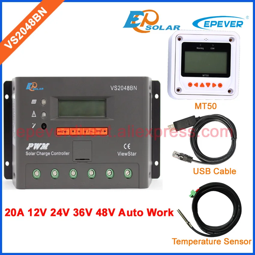 

EPsolar PWM 12V 20A solar panels system controller VS2048BN USB and temp sensor cable 20amp 48V regulator MT50 Meter EPEVER