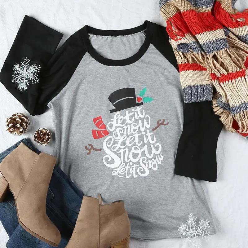 

Women T-shirt 2017 New Christmas Let It Snow Letter Print Female t shirt 3/4 Raglan Sleeve O-Neck Ladies Basic Top Tees Harajuku