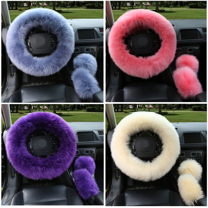 New Cute 38cm long wool Auto Car Steering Wheel Covers+Handbrake jacket