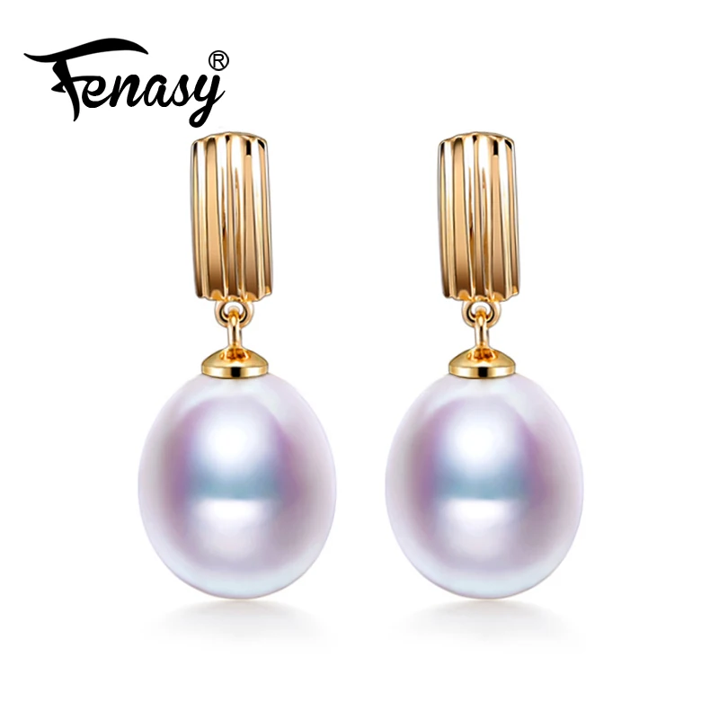 

FENASY 18K Gold Earrings Pearl Jewelry Geometric Office Earrings Pearl 18k Yellow Gold Stud Earrings For Love Long Earrings