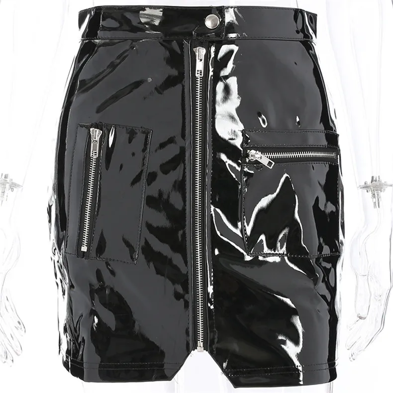 Forefair Zip Mini Leather Skirt Women Autumn Winter Fashion Club White Black Pockets Glossy Skinny High Waist Sexy Skirt