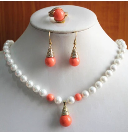 

hot sell New Design Women'S 8mm White/Orange Pearl Necklace Earring Ring Jewelry Set (ring 7-9)