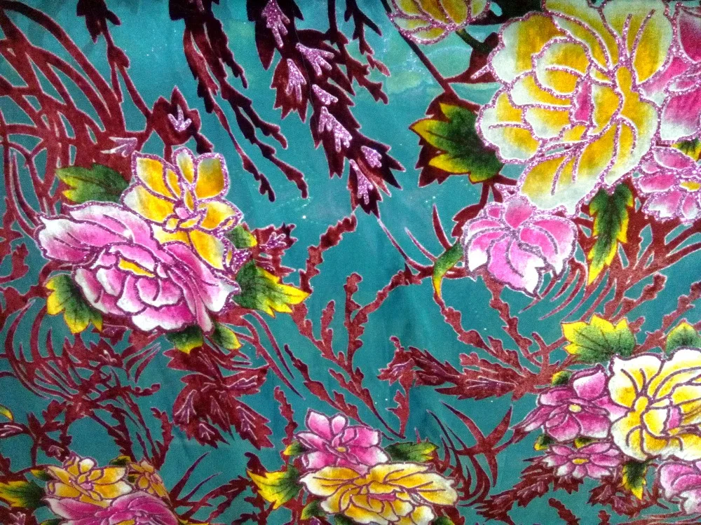 

silk velvet Fabric Handcut Cotton Fabric Velvet Satin Materials Jacquard Brocade blue flowers printed with white stone fabrics