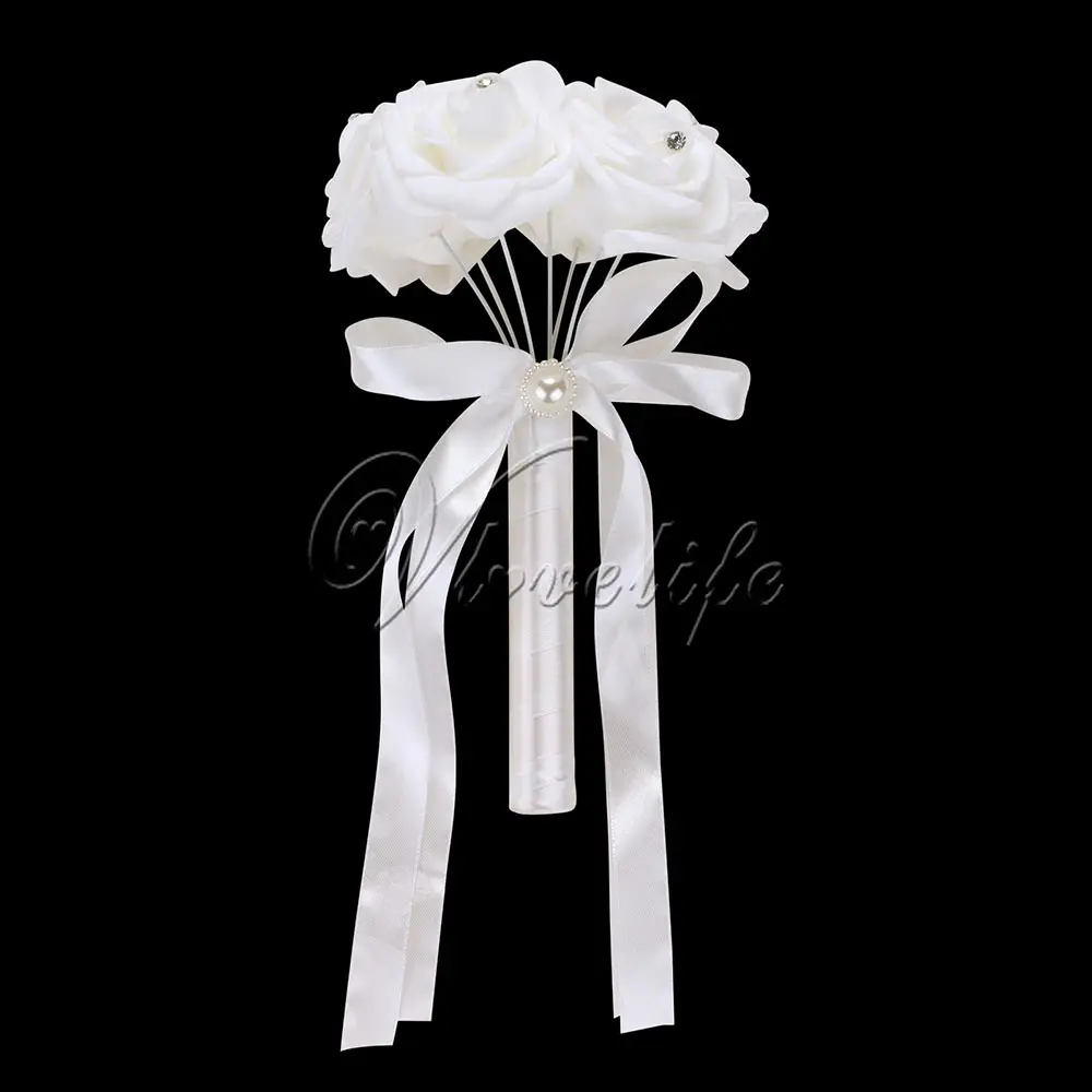Белый свадебный букет, 10 стилей, свадебный букет, брошь, искусственная Роза, цветы с лентой, стразы, декор для свадебной вечеринки - Цвет: E