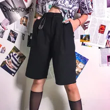 Черные однотонные шорты с высокой талией, женские прямые шорты в английском уличном стиле, женские повседневные свободные летние шорты