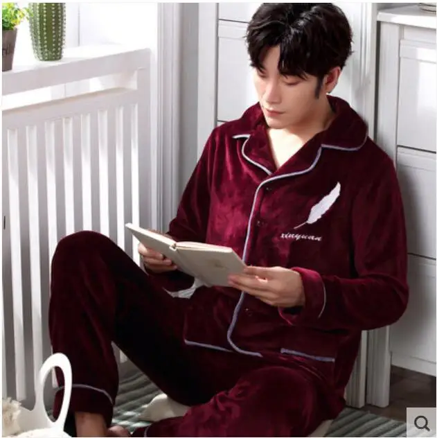 Fashion Brand Luxury Winter Pajamas Men Sleepwear Thick Warm Coral Fleece Mens Pajama Set Male Nightwear Leisure Home Clothing - Цвет: 001