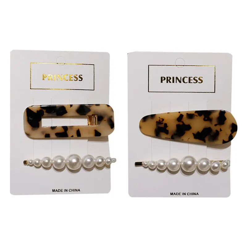 

2Pcs/Set Korean Women Geometric Duckbill Hair Clip Leopard Acrylic Imitation Pearl Beading Hairpins Side Bangs Styling Barrettes