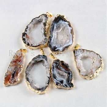 

HanKun Gold Color Brazilian Natural Open Agates Geode Druzy Pendants