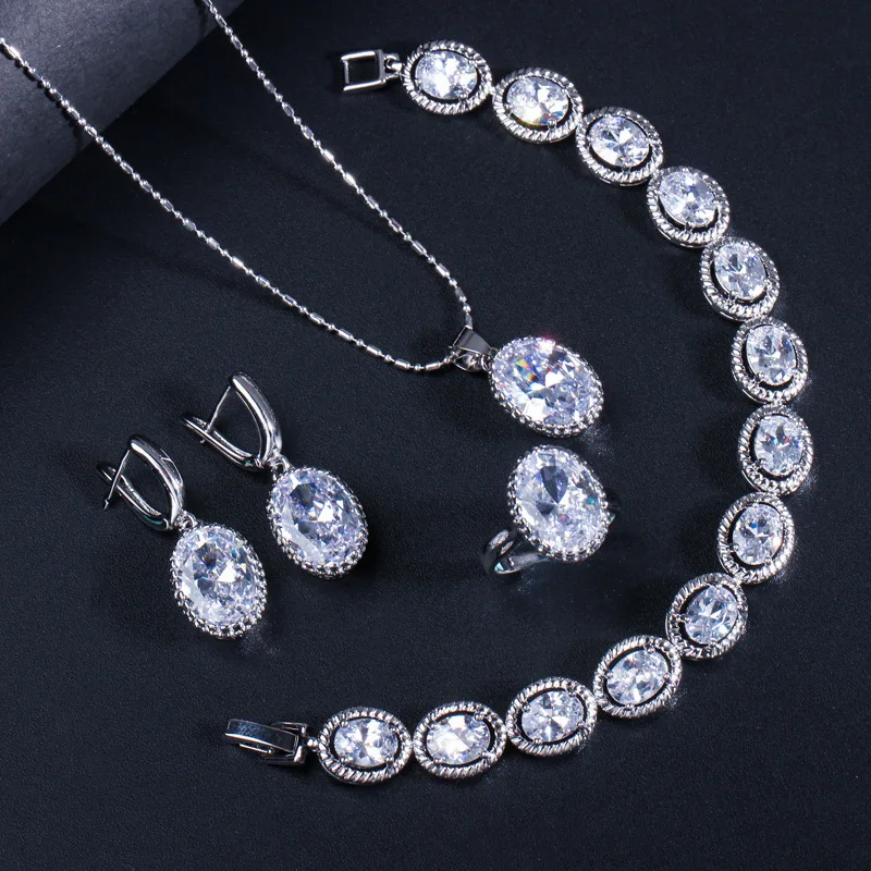 

Free Shipping Noble Women Large Full Stone Setting Earring Necklace Ring Set AAA Cubic Zirconia Women Silver Jewelry Sets