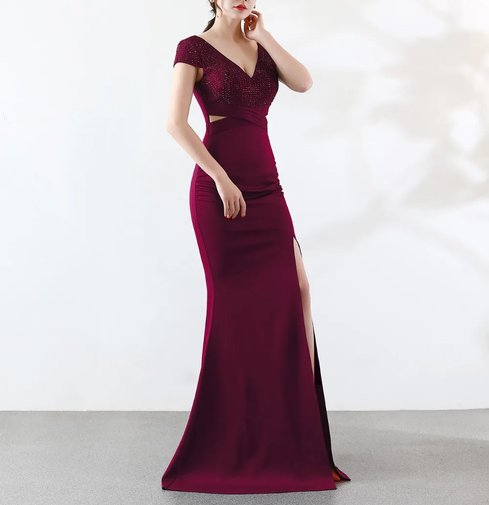 Solovedress Prom Dress Mermaid Бисер с разрезом на ноге прорезью официальное свадебное платье Кепки рукава с глубоким v-образным вырезом платье с