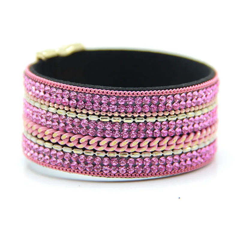 Женский браслет из мягкой кожи фон AAAA стеклянные камни в 6 рядах с высококачественными цепочками в многоцветном цвете никогда не выцветают - Окраска металла: pink
