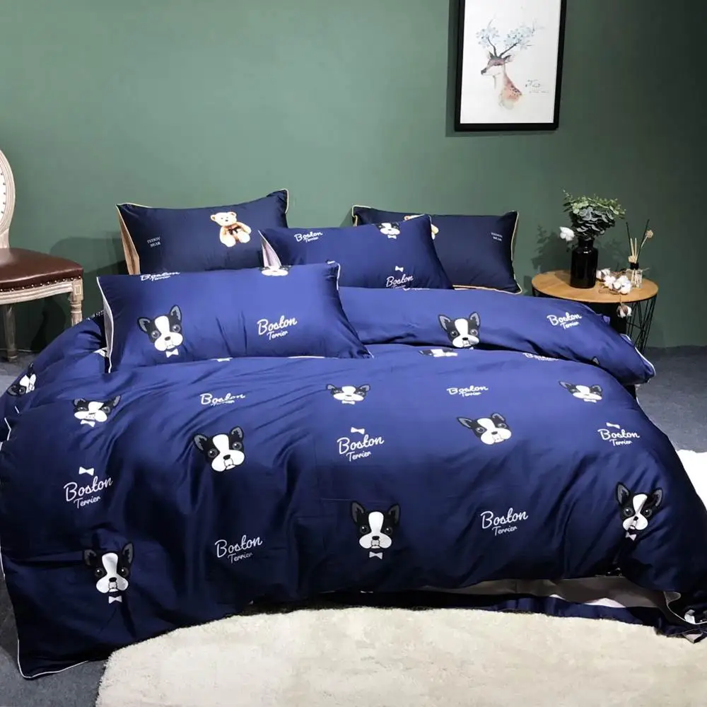 

2019 Cute Bulldogs Dark Blue Luxury Egyptian Cotton Bedding Set Queen King Size Bedlinens Flat sheet Duvet Cover Set