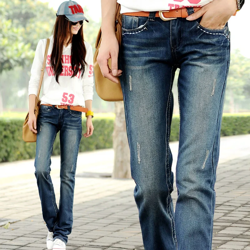 

Wholesale&free ship~~%% Autumn light blue denim trousers wearing white plus size loose women's straight jeans pants