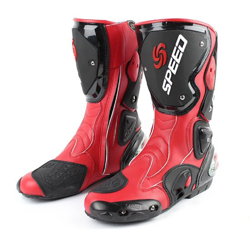 Baratos Botas de microfibra de cuero para motocicleta, botas de velocidad para hombre, botas de moto de cross hasta la rodilla, botas de Motocross a motor