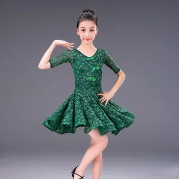 

New Girl Lace Embroidery Standard Ballroom Latin Dance Dresses Sale Cha Cha Rumba Samba Jive Middle Sleeves Children Latin Dress