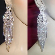 SHEVALUES Luxury Sparkle Crystal AB Diamante Big Tassel Earrings Silver Rhinestone Long Drop Dangle Wedding Bridal Big Earrings