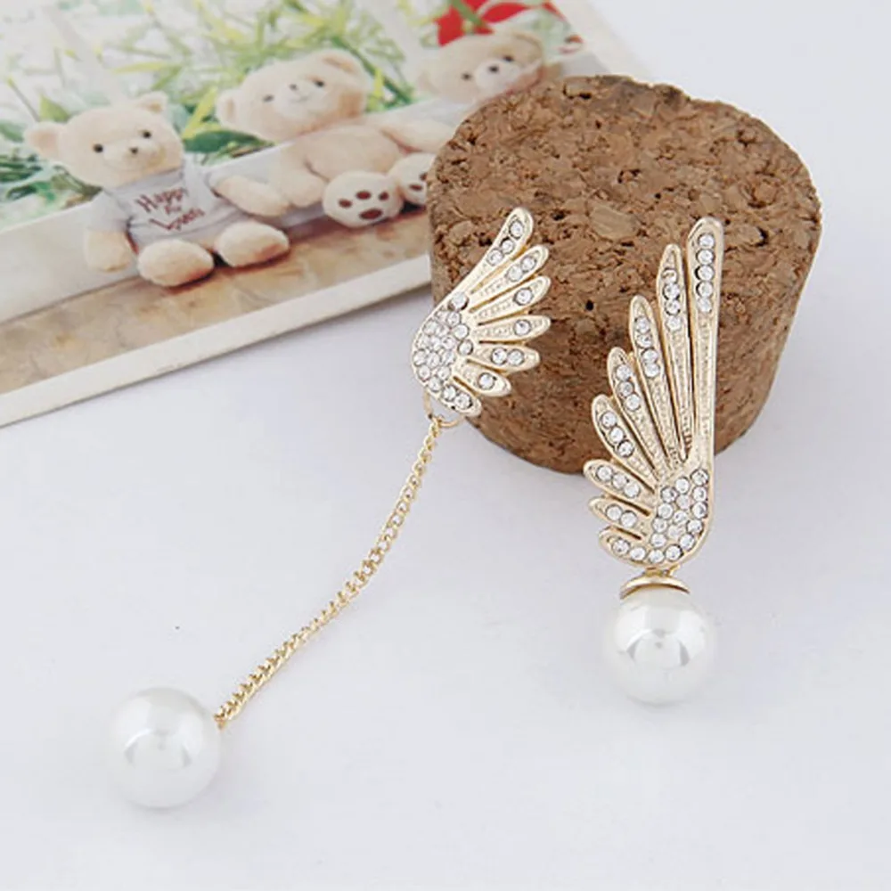 

Trendy Hypoallergenic Angel Wings Asymmetric Long Earrings Imitation Pearl Jewelry Accessories Gold Color EAR-0733-GD