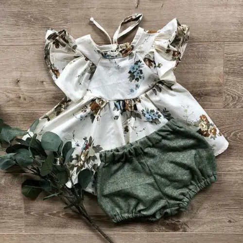 

2019 Summer 2PCS Newborn Baby Girl Floral Printed Fly Sleeve Tops Skirt+Solid Color Shorts Clothes Outfits Sunsuit
