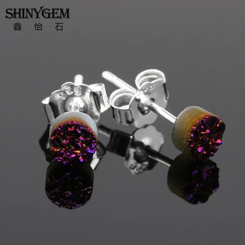 SHINYGEM 4 мм крошечные 925 пробы Серебристые друзы серьги-гвоздики сверкающий кристалл маленький круглый натуральный камень серьги для женщин ювелирные изделия - Окраска металла: Purple