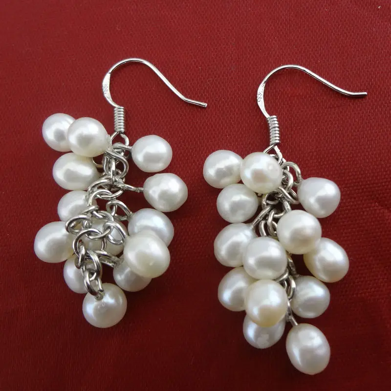 

3 inches Grape Style 6-7mm Natural White Fresh Water Oval Pearl 925 Sterling Silver Earring