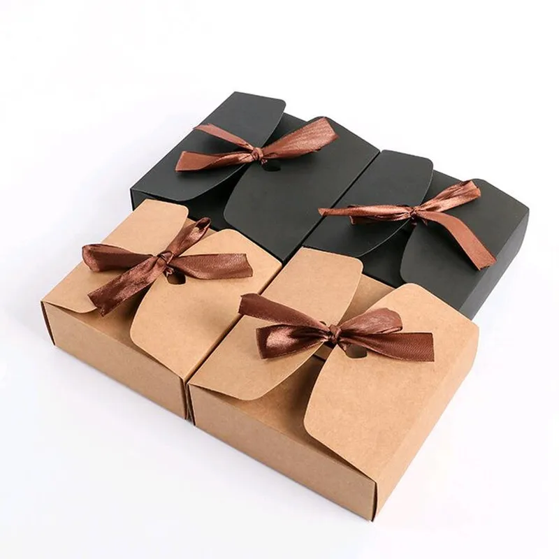 20pcs/lot Brown Kraft Cardboard Boxes Gift Packaging Paper Box With Ribbon 4 Sizes 2 Color 18091101