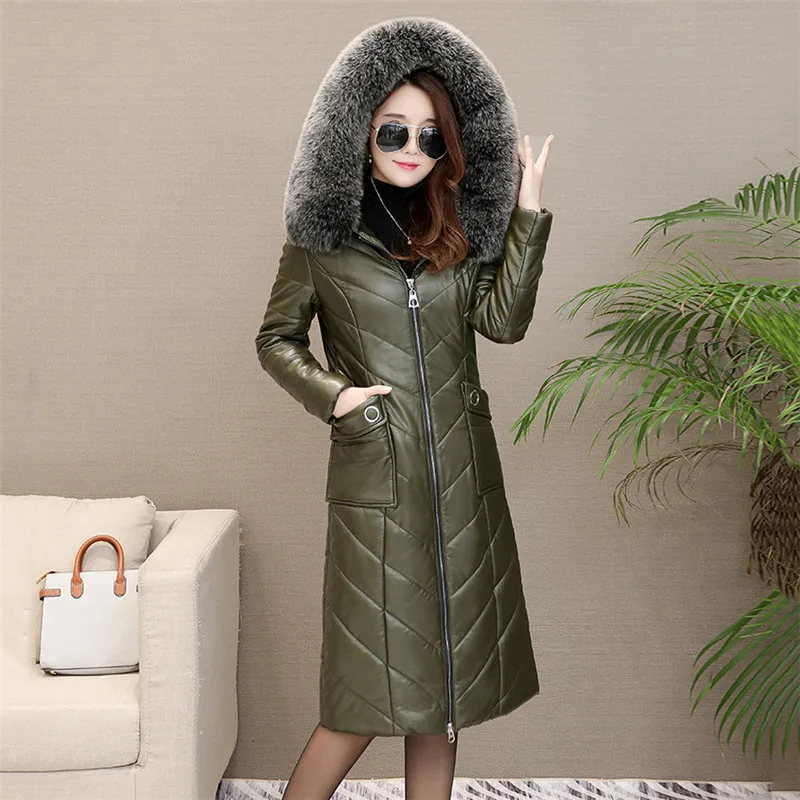 Зимний женский кожаный пуховик, длинный теплый большой меховой воротник, пальто с капюшоном, новая мода, 7XL, большой размер, женская верхняя одежда из овчины F12