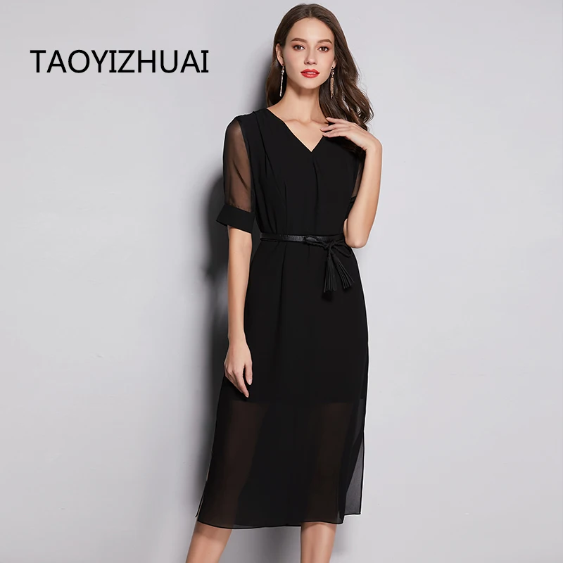 TAOYIZHUAI, летнее Новое поступление, офисное платье размера плюс, одноцветное, v-образный вырез, половинные рукава, облегающее и расклешенное, завышенная талия, элегантное шифоновое платье 11730