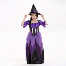 Детский день костюм ведьмы фантазии детей Хэллоуин костюм ведьмы Обувь для девочек Косплэй Рождество Хэллоуин Красивые платья+ шляпа