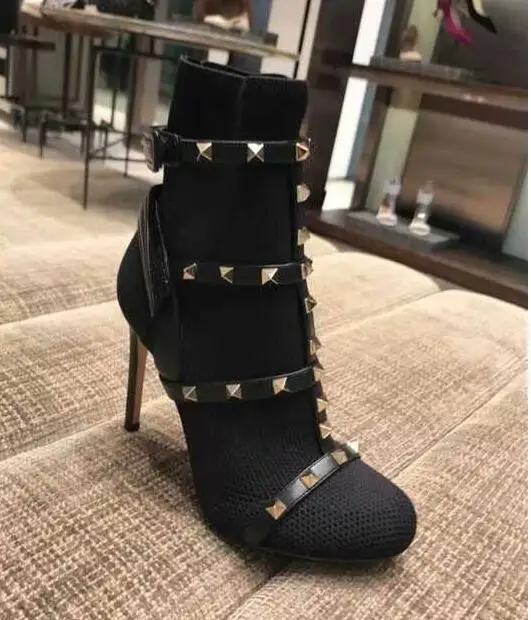 

2018 hot selling rivets studded round toe high heel shoes Elastic knitting thin heels woman ankle boots fashion runway shoes