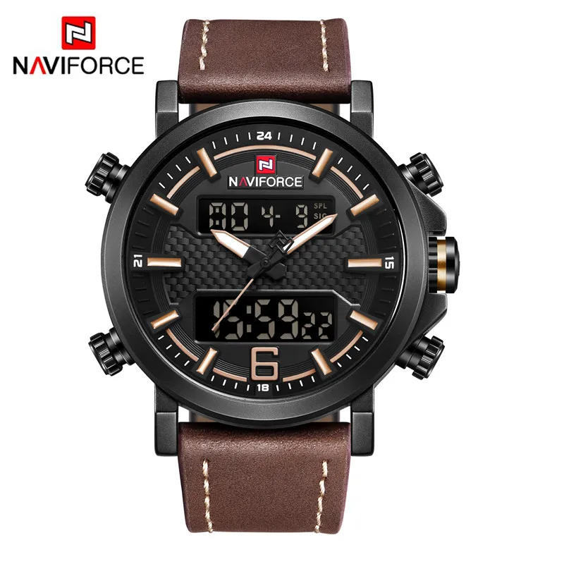 Мужские часы от роскошного бренда, мужские кожаные спортивные часы NAVIFORCE, кварцевые светодиодный цифровые часы, водонепроницаемые военные наручные часы 9134 - Цвет: NA913505