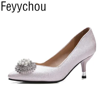 

Women Pumps High Heels Shoes Spring Autumn Pu Pearl Pointed Toe 2018 Sexy New Fashion Slip on Casual Dress Wedding Black Purple