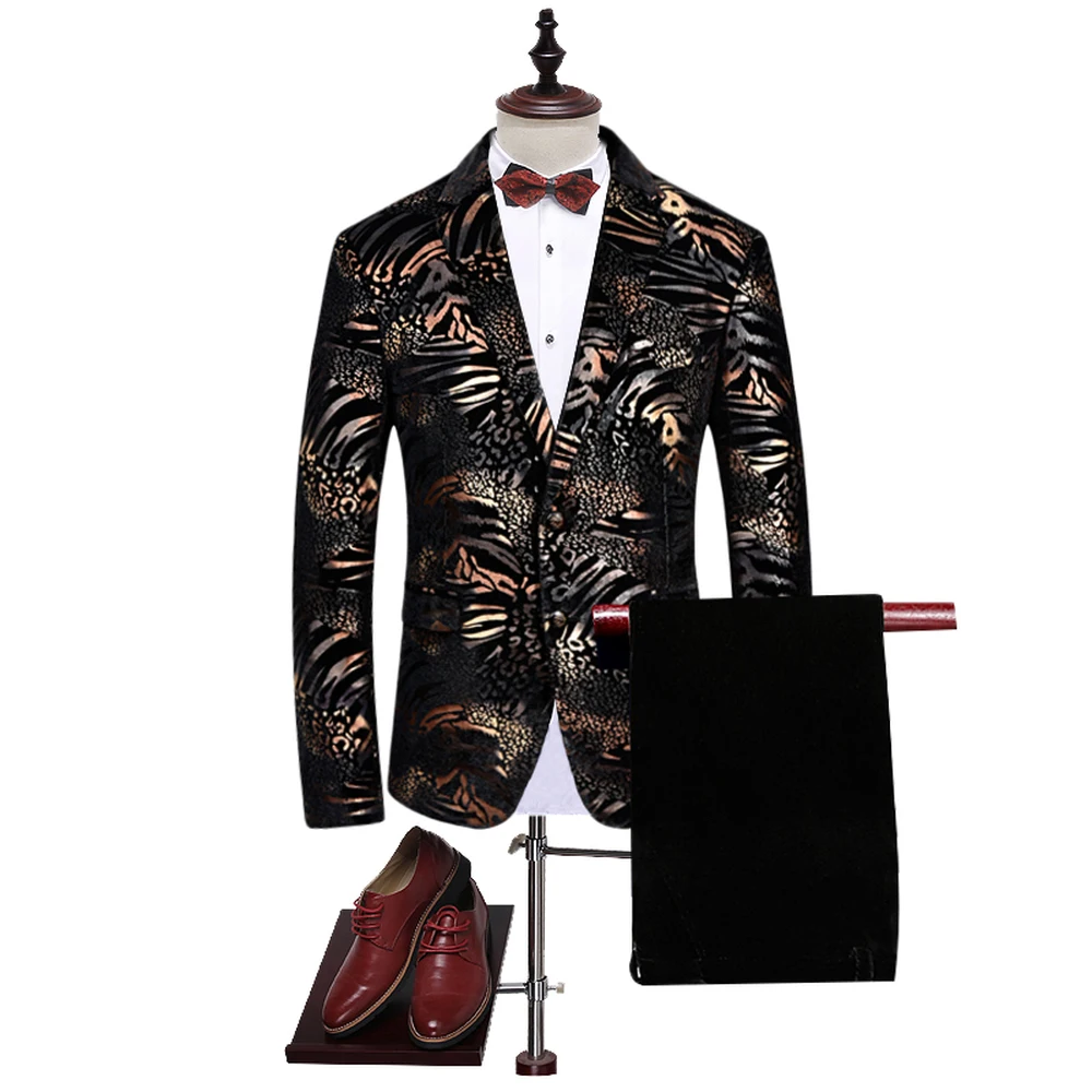 Golden printed Fashion Print Men's high quality Suits for Wedding 2018