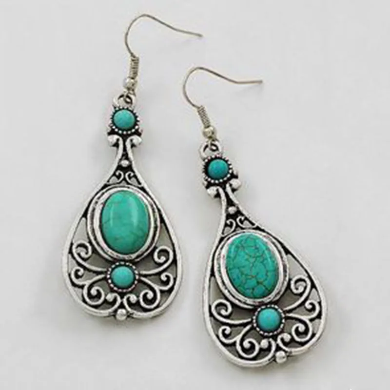 

Vintage Hollow Out Green Stone Earrings Ethnic Retro Silver Color Water Drop Roman Pattern Dangle Earrings Oorbellen Z5P022